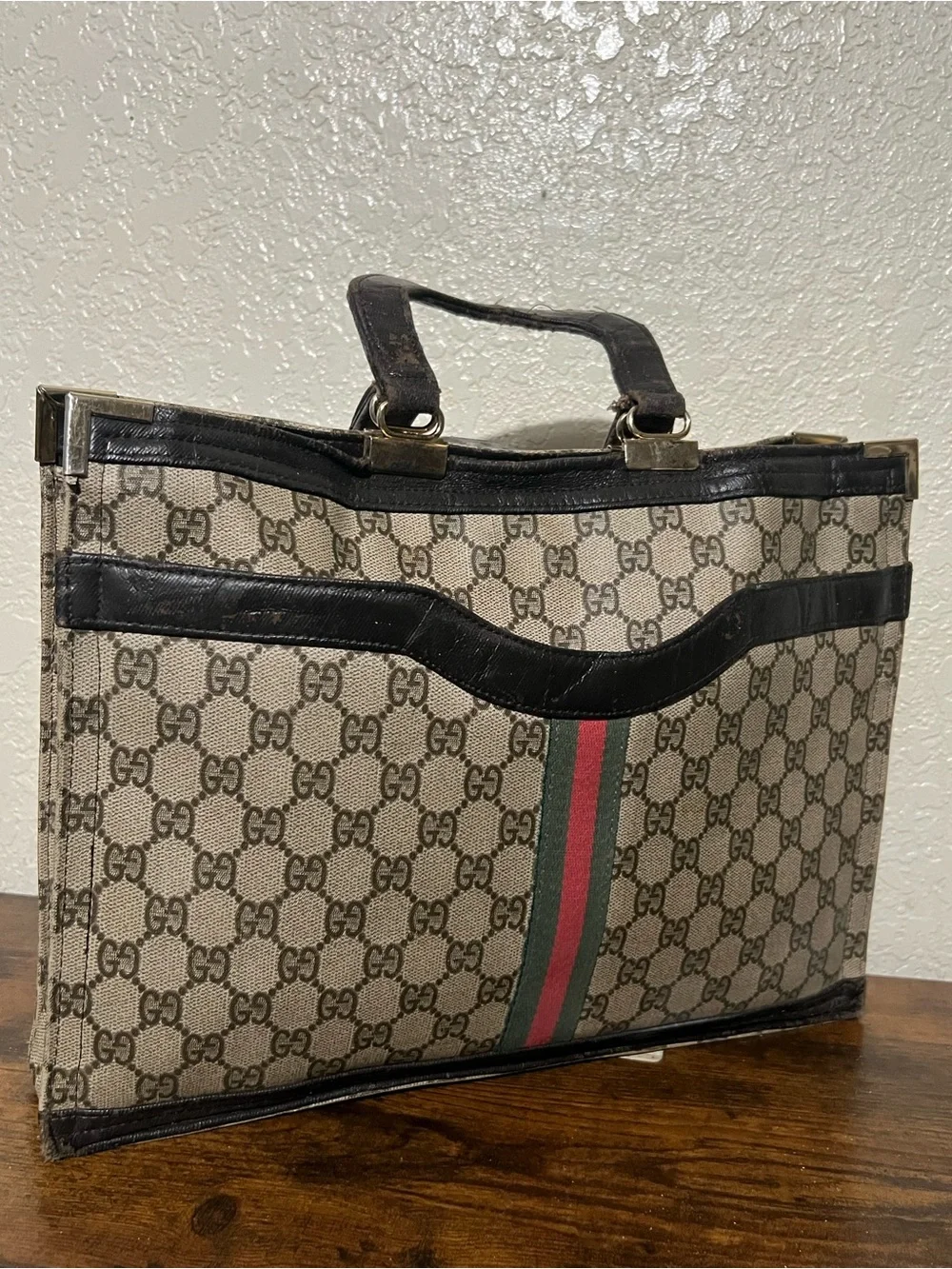 Gucci Beige Monogram Canvas Briefcase with Red & Green Web Stripe